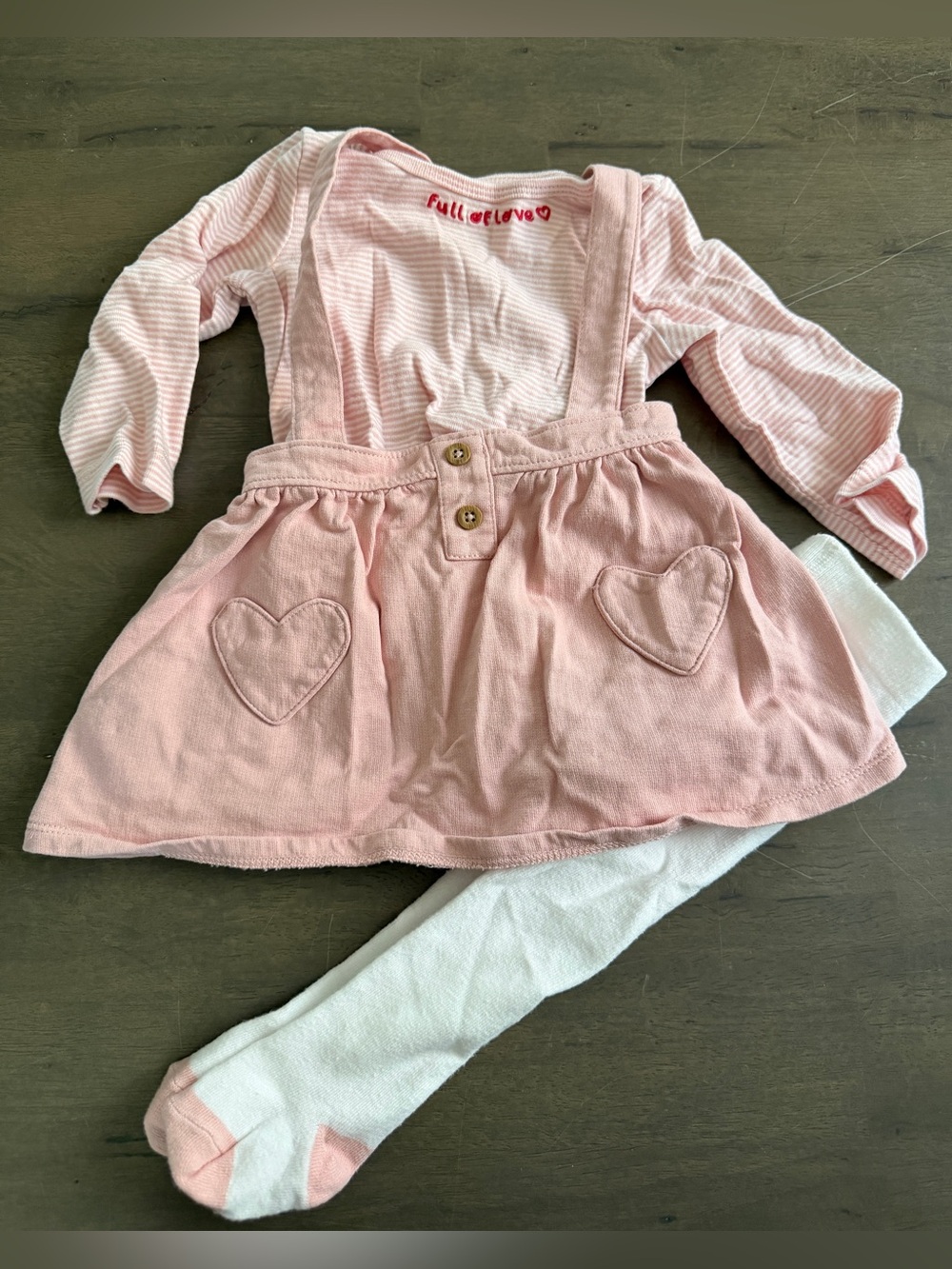 3pc Pink Heart Pocket Suspender Skirt Set with White Tights